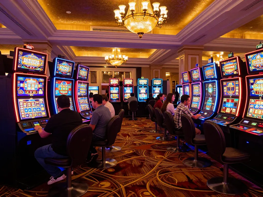 Dewa slot gameplay excitement at upscale casino with vibrant slot machines and engaged players