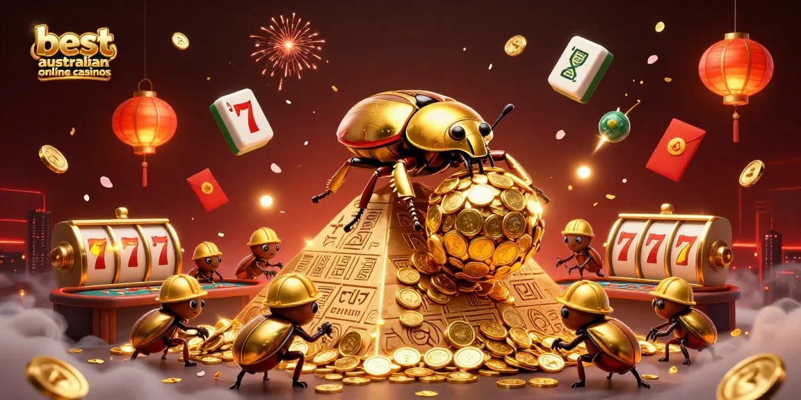 Engage with the best Australian online casinos in a vibrant 3D scene of gold coins and entertainment.