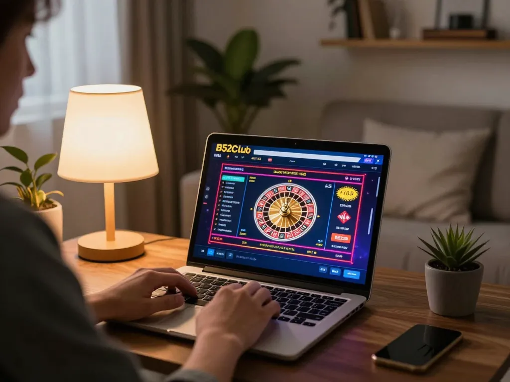 B52club online gaming session, person engaging with roulette gameplay on laptop in a cozy home setting