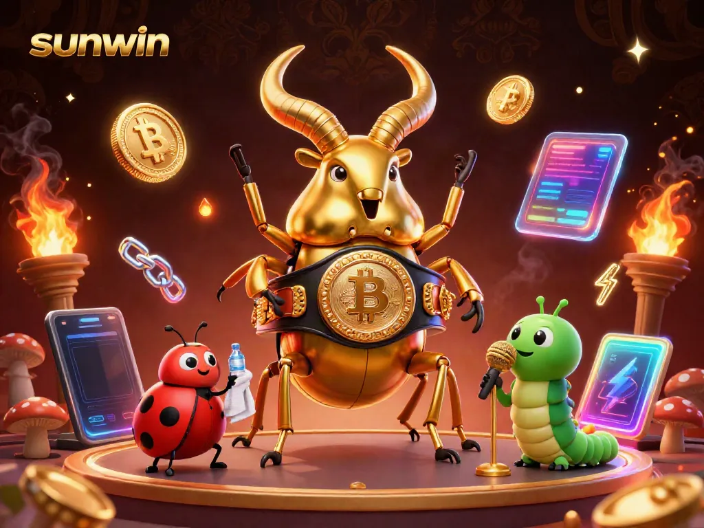 Experience thrilling gameplay at Sunwin with golden beetles and vibrant crypto elements surrounding the action.