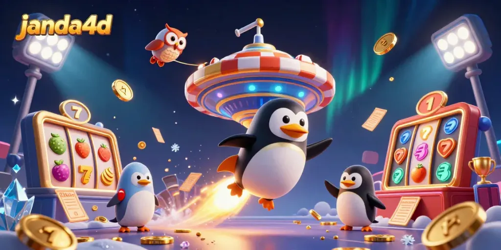 Menangkan jackpot bermain di janda4d dengan penguin emas berenergi roket mengelilingi chip poker raksasa.