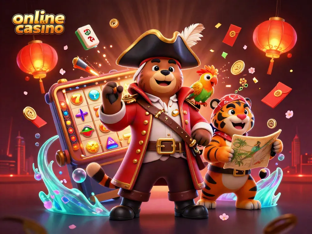 Experience the excitement of the online casino world with a vibrant pirate scene among slot reels and festive elements.