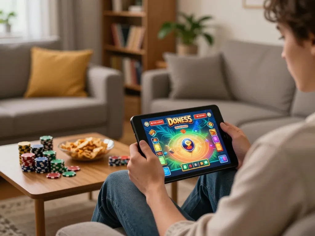 Enjoying the Done55 game on a tablet in a cozy home gaming setup