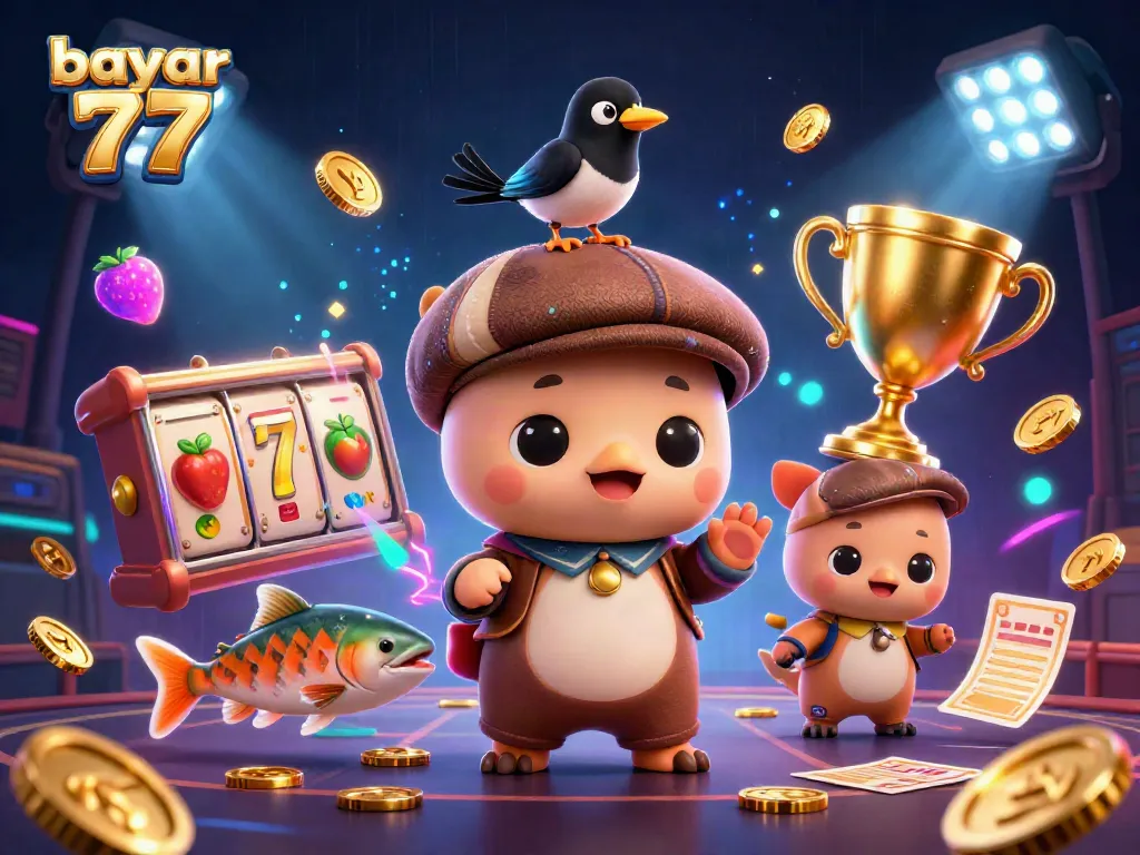Experience seamless gaming with bayar 77 while enjoying vibrant 3D casino elements in a playful scene.