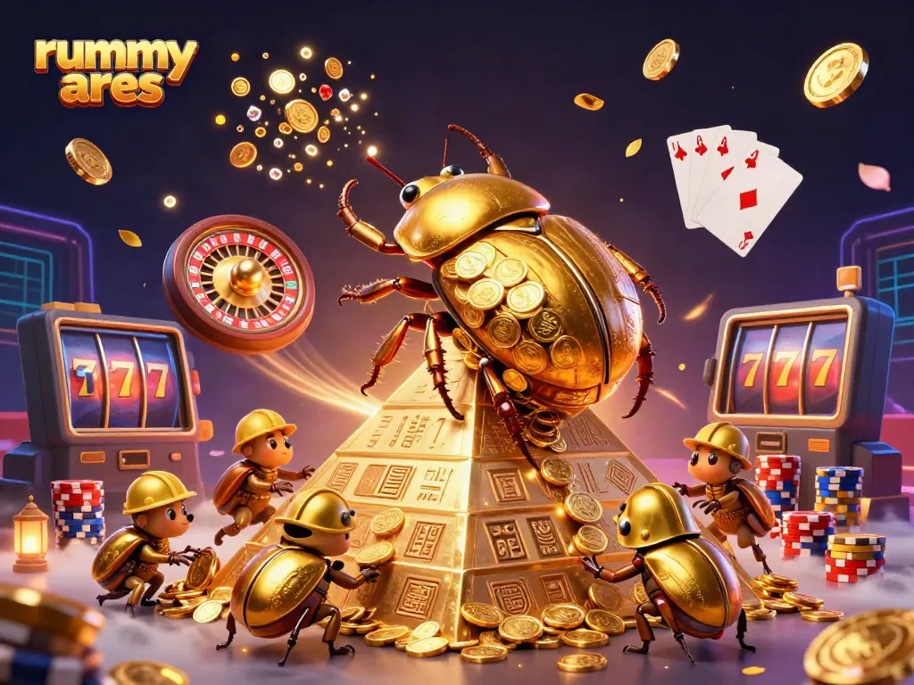 Rummy Ares showcases a golden beetle rolling coins amidst vibrant gaming elements, capturing excitement.