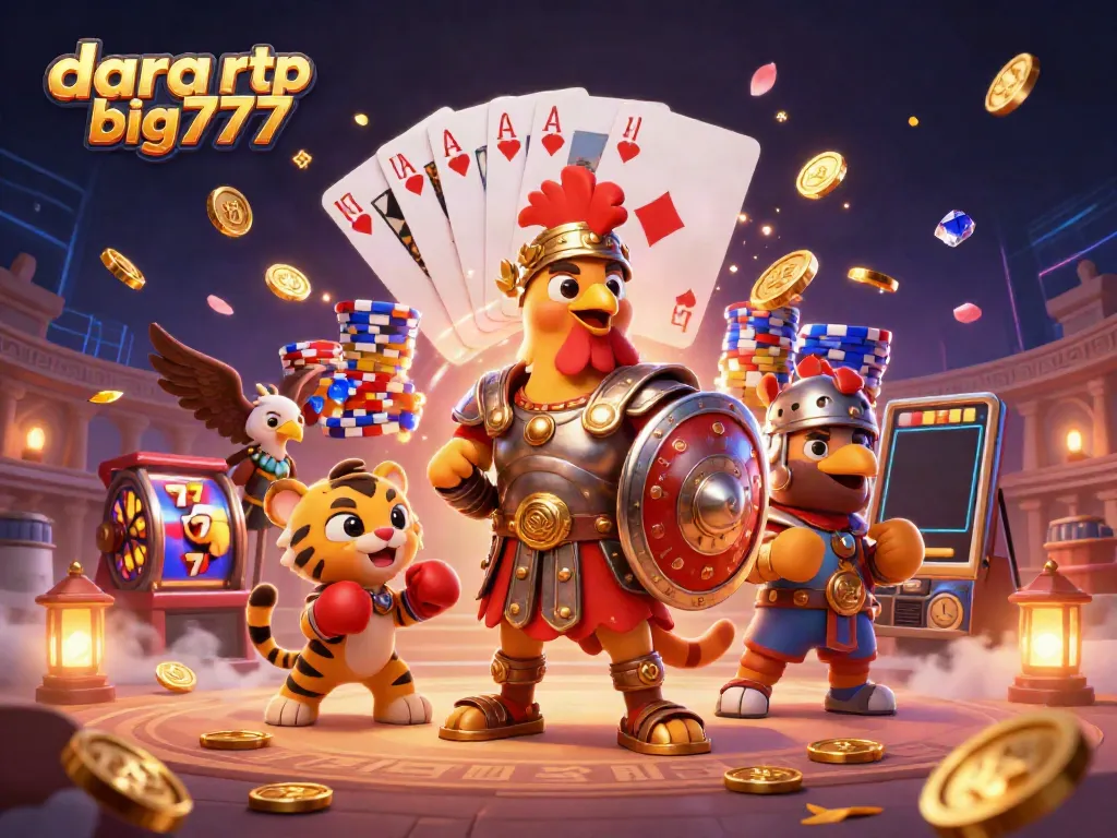 Engage in exciting gameplay with dara rtp big777, featuring a colorful slot scene with a winning rooster warrior.