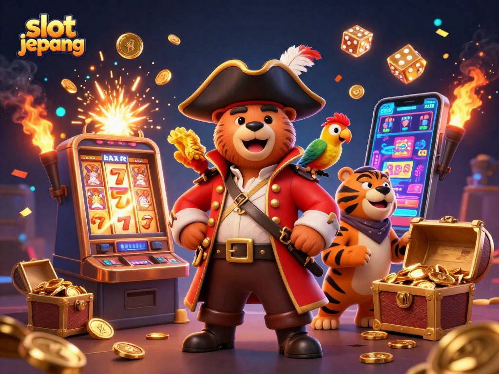 Experience thrilling slot jepang action with a pirate captain bear and tiger first mate in this vibrant, dynamic casino scene.