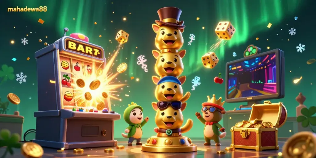 Experience the thrilling excitement of mahadewa88 with a vibrant 3D gaming illustration featuring a dynamic slot machine and totem pole.