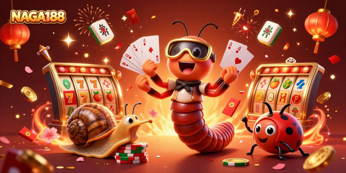 NAGA188 menampilkan ilustrasi kasino yang semarak dengan dealer kartun dan simbol slot yang berkilau.