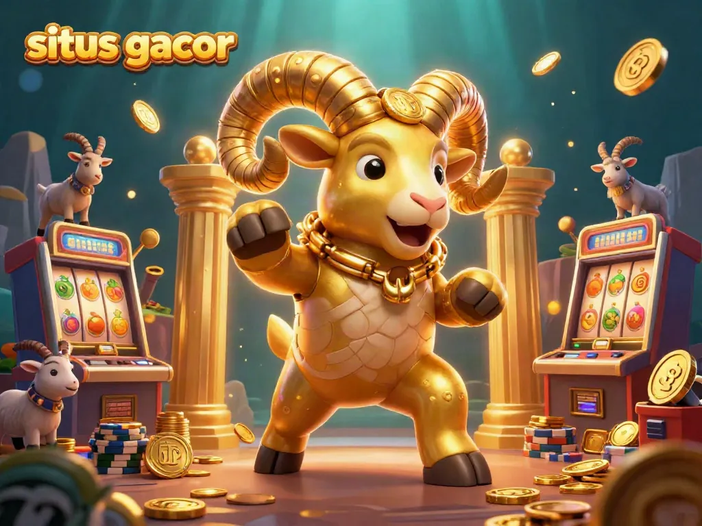 Experience situs gacor with a golden ram and slots in a vibrant casino illustration.
