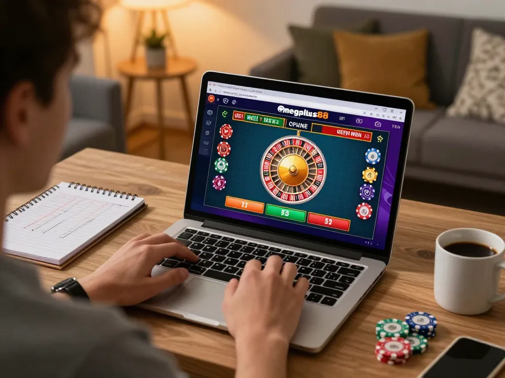 Engaging gameplay on megaplus88 platform in a cozy home office, showcasing roulette excitement.