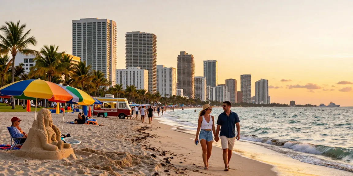 Suasana indah Miami di pantai saat senja, menggambarkan suasana ceria pengunjung di sekitar https://miami4d.com/ dengan latar belakang gedung tinggi dan ombak laut.