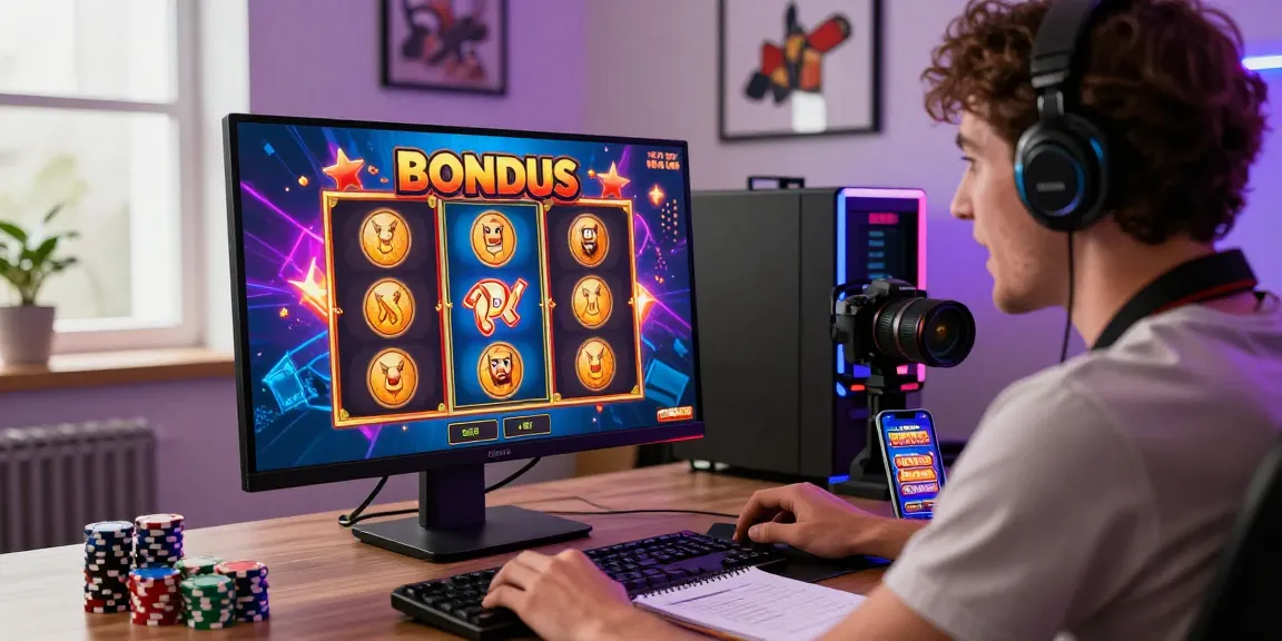 Excited player engaging with bonus buy slots UK in a stylish home office, colorful graphics illuminating the screen.