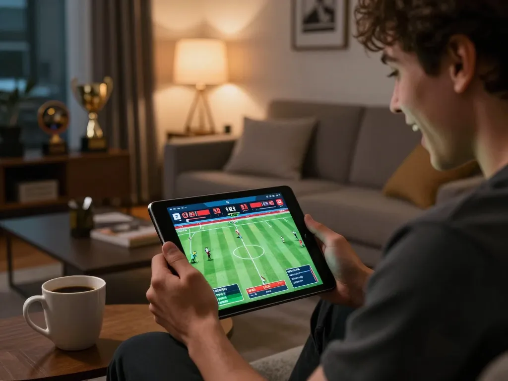Person engaged in kèo nhà cái online sports betting using a tablet in a cozy atmosphere