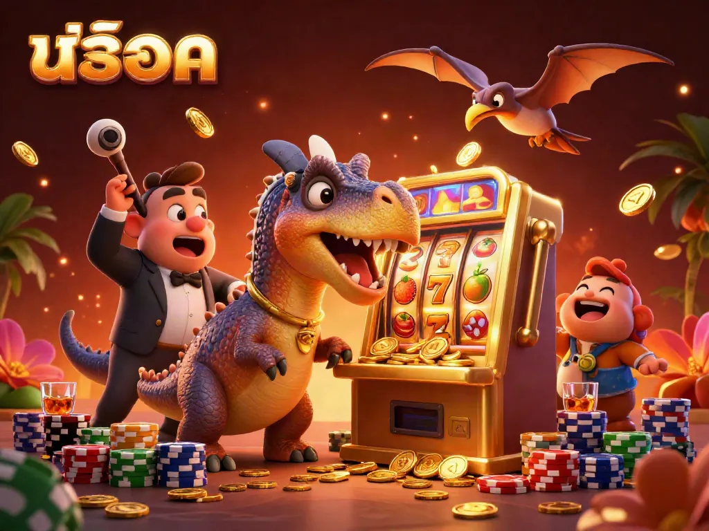 Experience the excitement of สล็อต as a pachycephalosaurus triggers a jackpot from a golden slot machine.