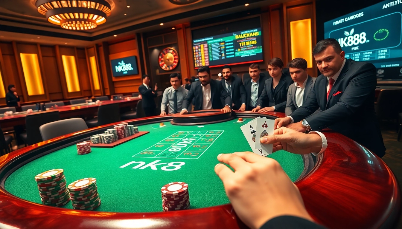 Professional gamblers engaging with the nk88 branded blackjack table amid vibrant chips and live betting screens