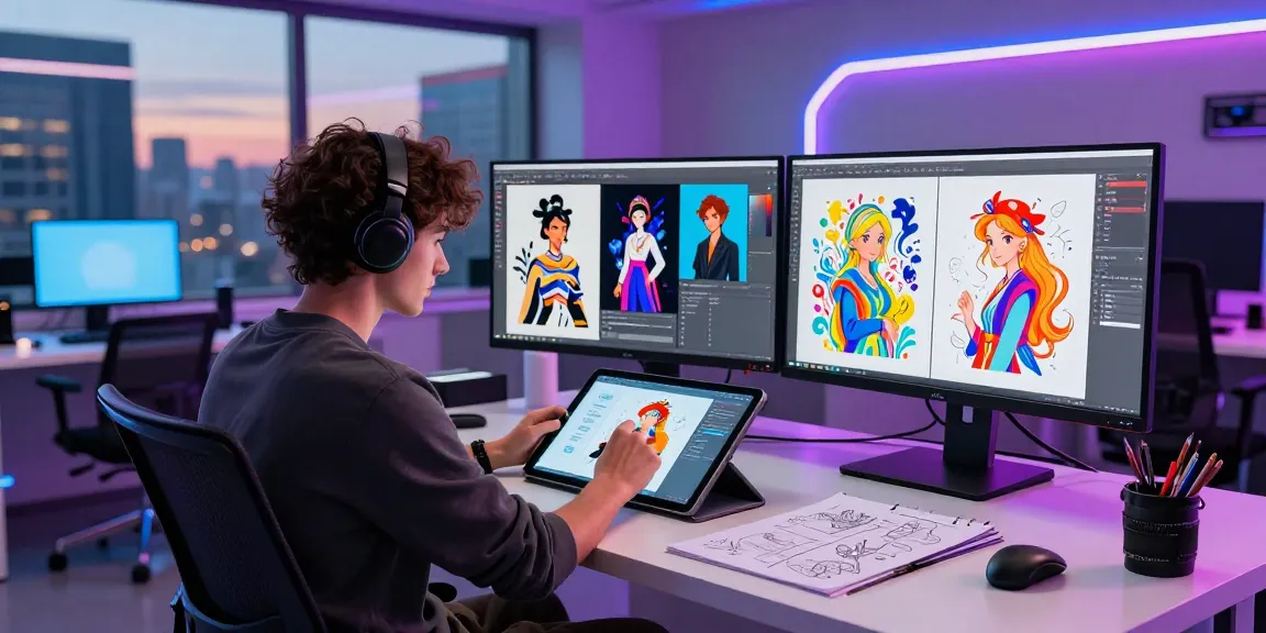 Designer creating unique nsfw ai art in a vibrant digital studio