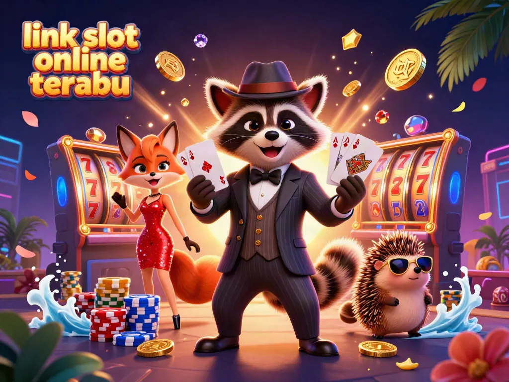 Menghadirkan "link slot online terbaru" dengan rakun gentleman berjas dan pakaian elegan dalam suasana penuh keceriaan kasino.