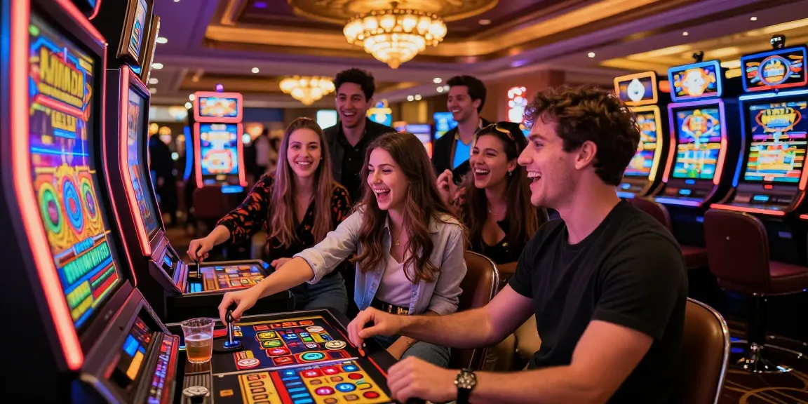 Excited group enjoying slot gacor games in a lively casino atmosphere