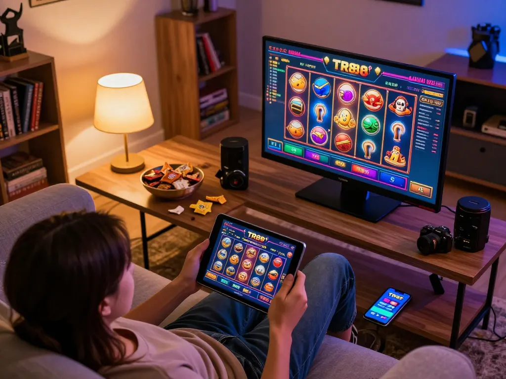 Engaging view of online gaming on TR88 with a tablet in comfortable setting, showcasing responsible gambling.
