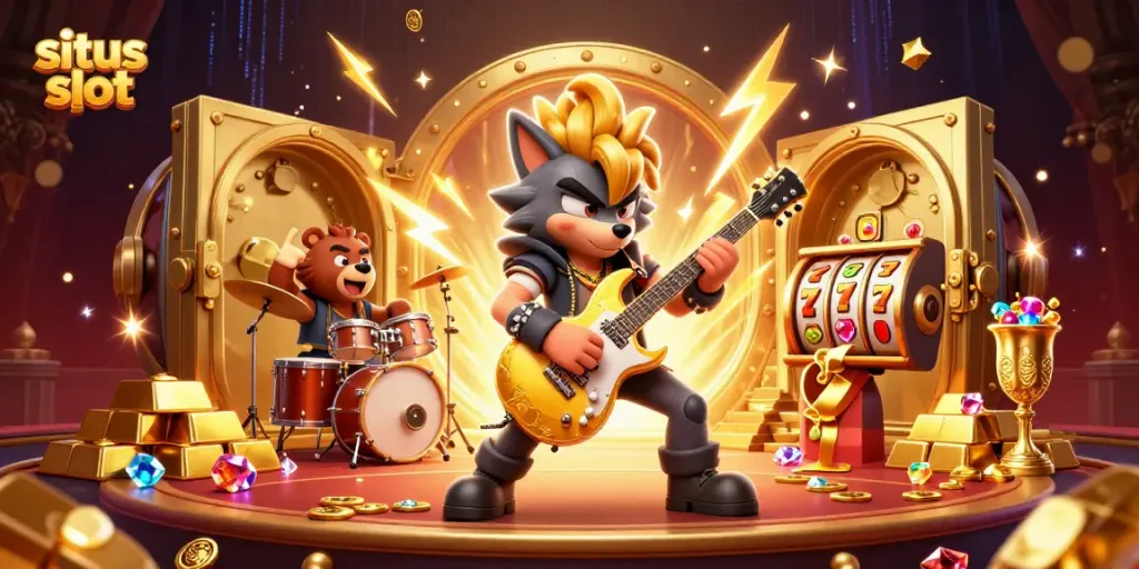 Menggandakan kesenangan bermain situs slot dengan gulungan slot dan jackpot yang bersinar dalam ilustrasi penuh warna.