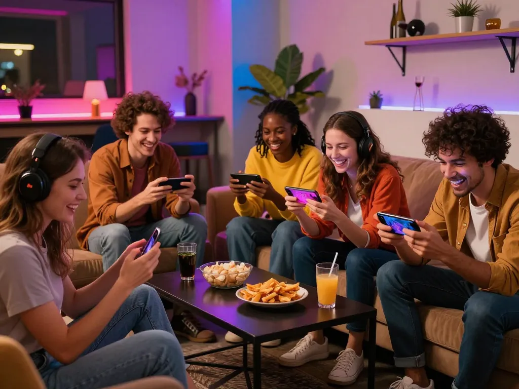 Engaged group enjoying mobile porn games in a vibrant gaming lounge atmosphere.