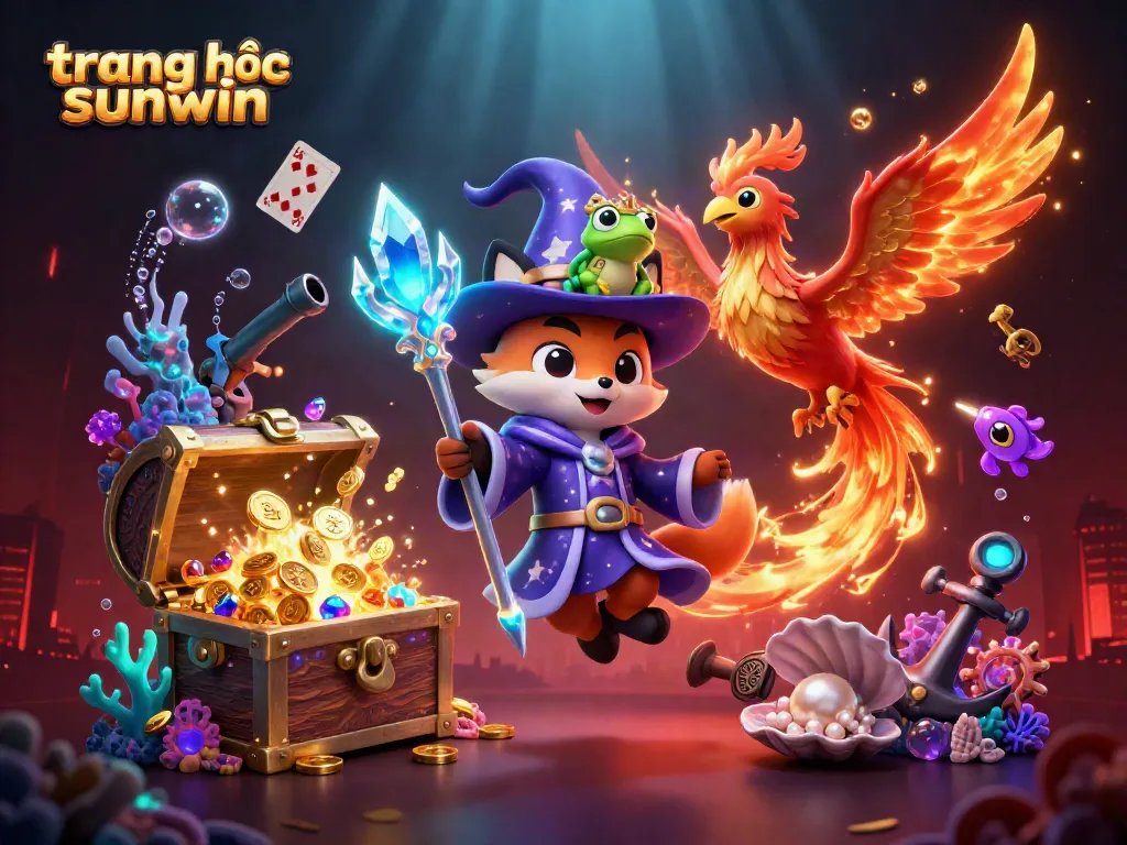 Experience gambling excitement at trang chủ sunwin with vibrant characters and game elements amidst a magical casino scene.