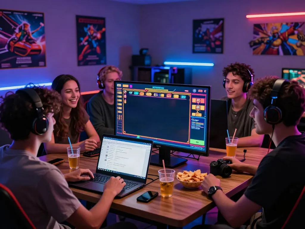 Group enjoying an online gaming night featuring akunjp slot games with snacks and drinks in a lively atmosphere.