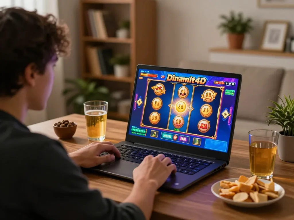 Player enjoying Dinamit4D online slots at home with engaging graphics and cozy atmosphere.