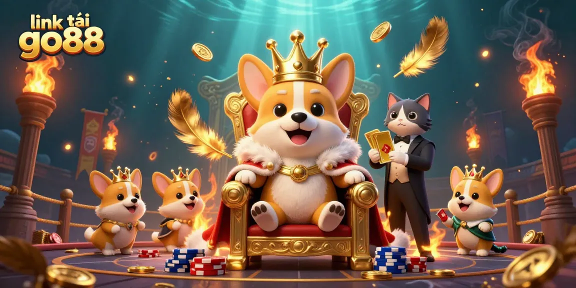 Engage in the link tải go88 scene featuring a royal corgi on a poker chip throne with vibrant casino elements.