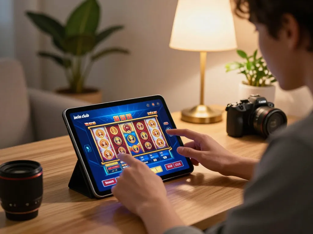 Enjoying gameplay on the iwin club app with engaging slot graphics in a cozy setting.