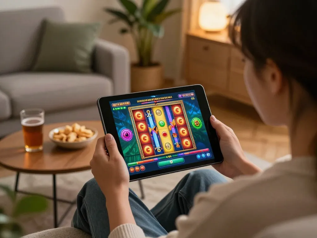Person enjoying fabet online slots game on tablet in cozy home setting.
