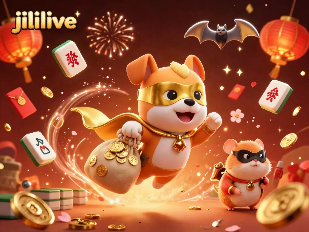 Experience thrilling gameplay with jililive as a superhero dog flies through a vibrant casino scene.
