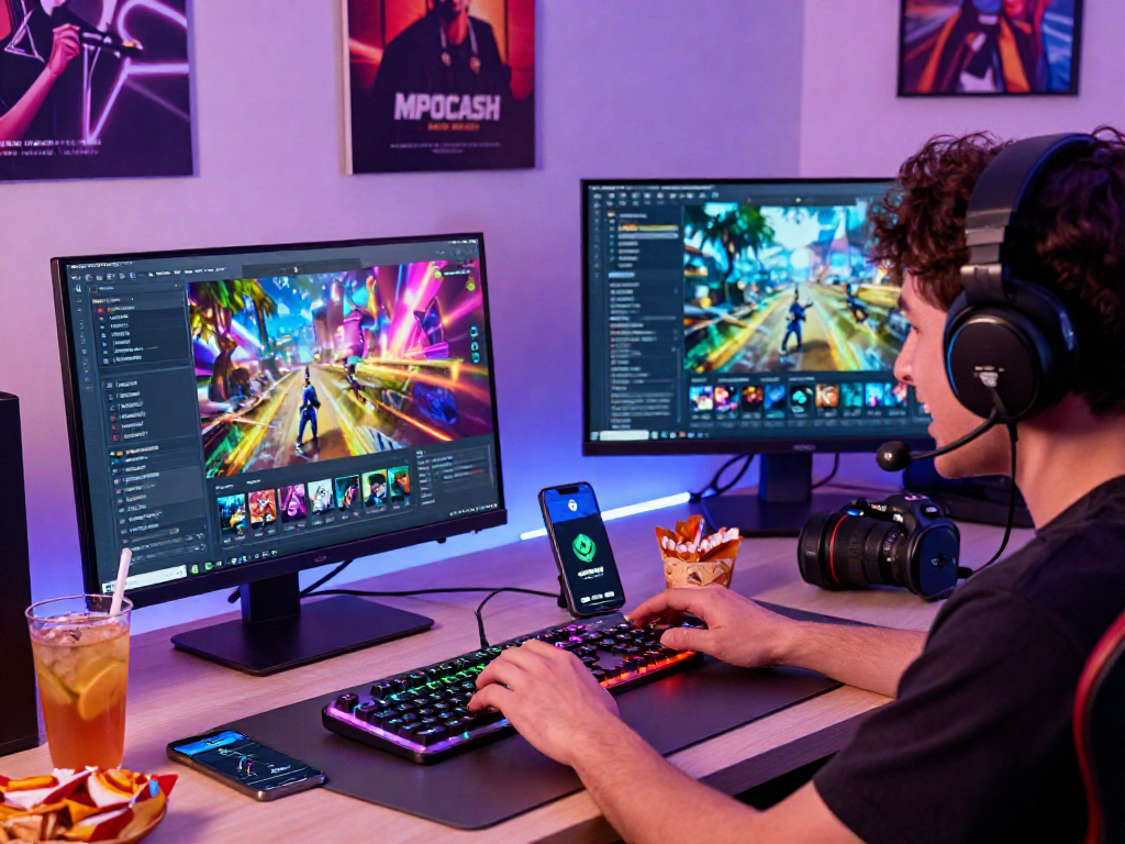 User enjoying MPOCASH.blog platform in an immersive gaming setup with colorful accessories and lively atmosphere