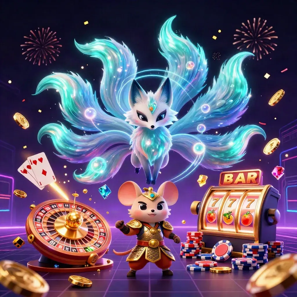 Neon fox spirit and samurai mouse amid casino treasures, coins, cards, reels, and glowing effects.