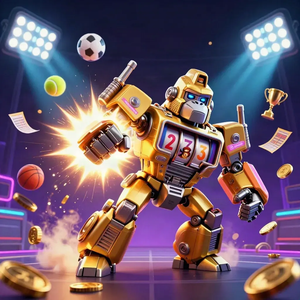 Golden gorilla mech with a tiny monkey pilot launching sports balls, coins, and trophy glow in neon casino light.
