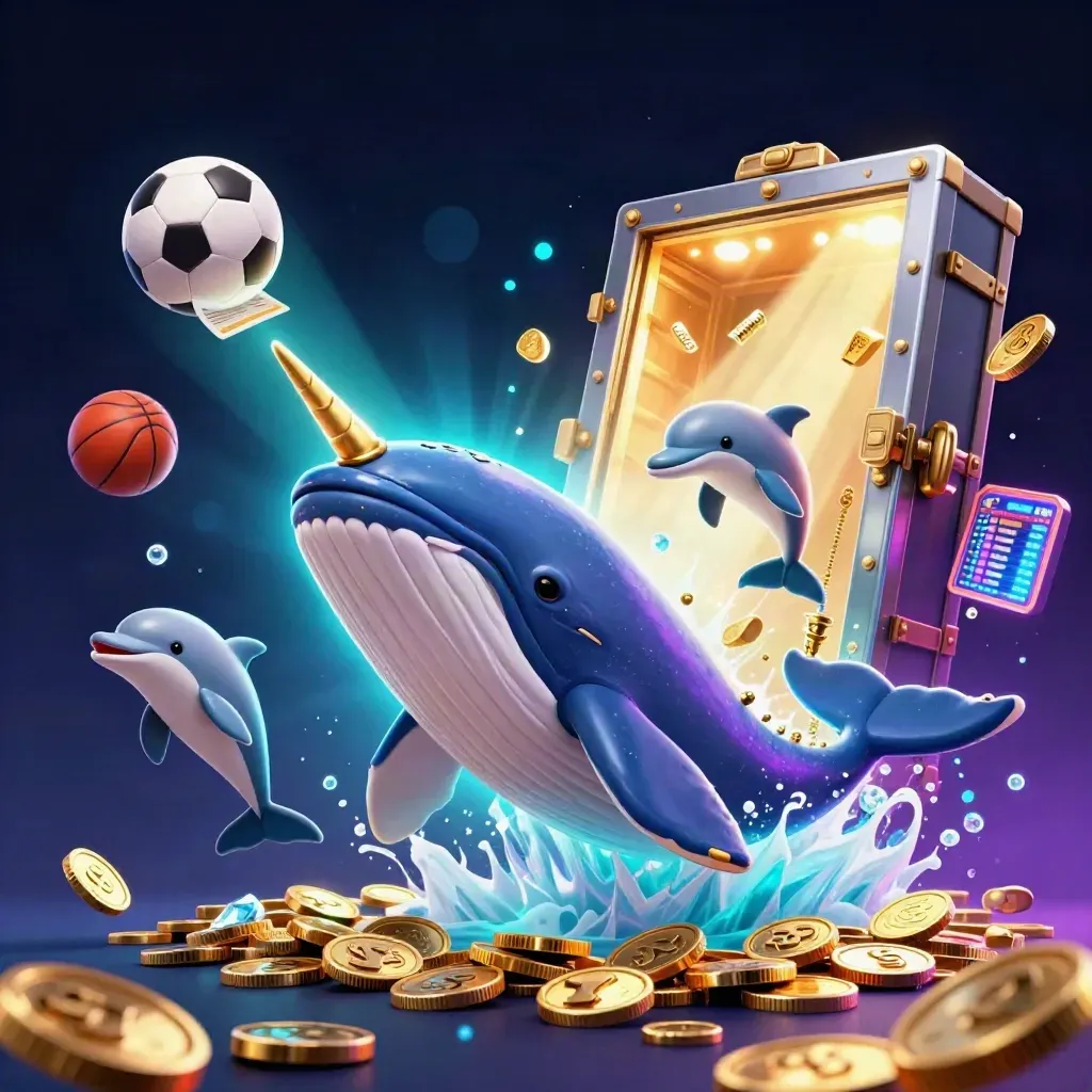 Whale, narwhal, dolphins, casino coins, vault light, and sports balls in a neon splash screen.