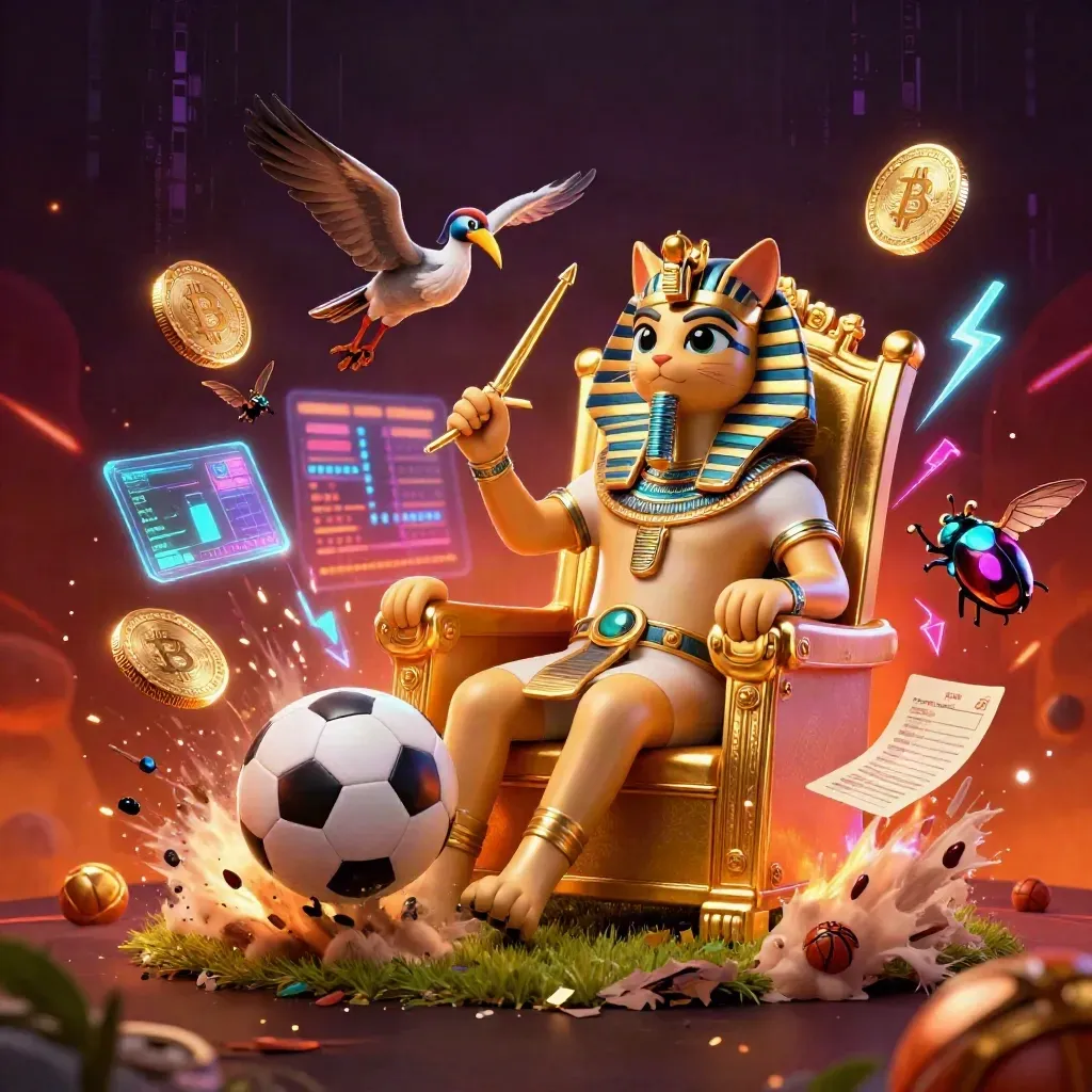 Pharaoh cat throne scene with neon coins, betting slip, soccer ball, and electric casino energy.