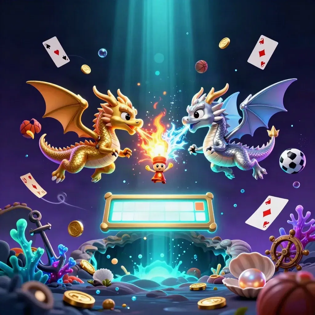 Gold and silver dragons spiral through neon sports balls, coins, bubbles, and treasure in casino light.