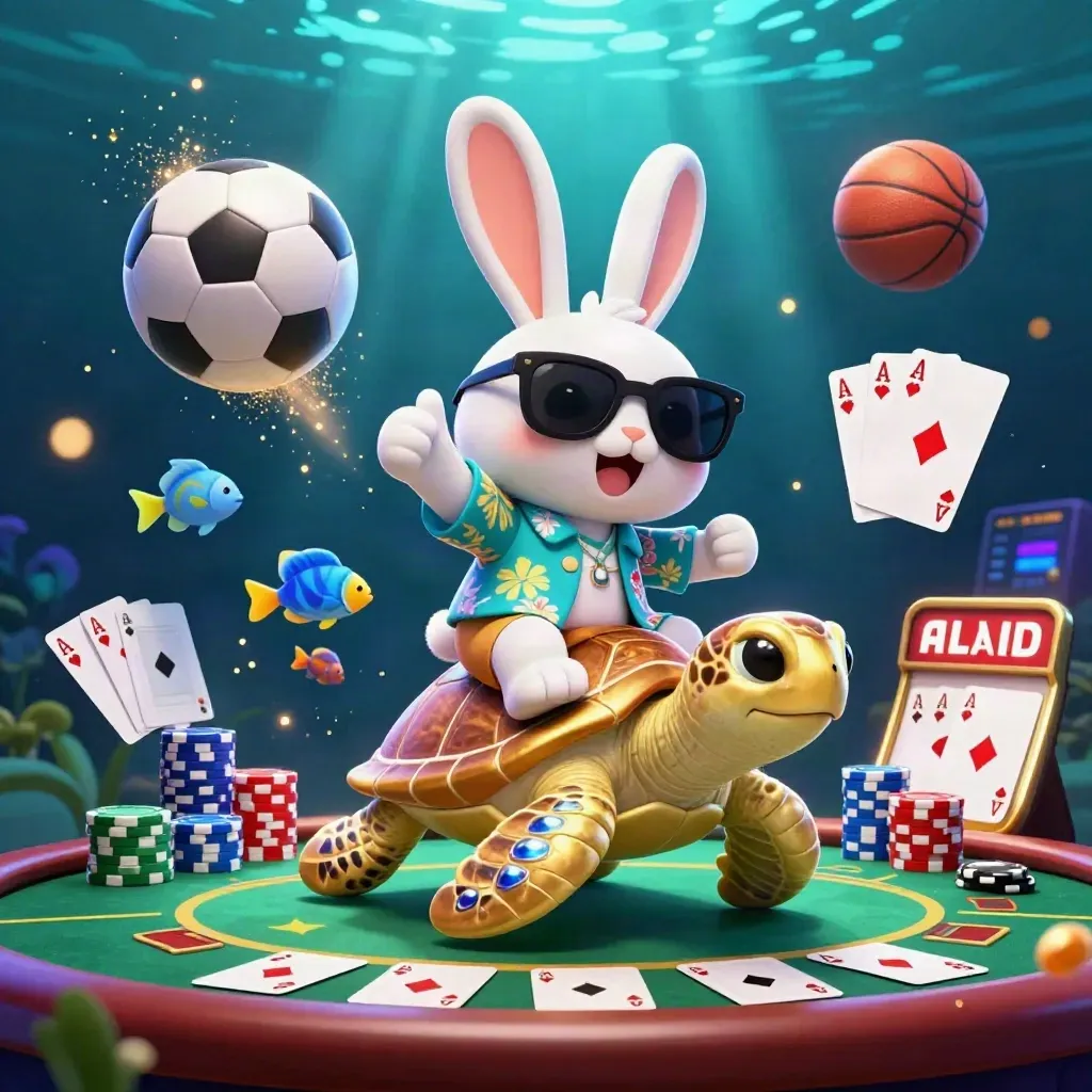 Lucky rabbit rides a golden sea turtle underwater with poker chips, cards, and floating sports balls.