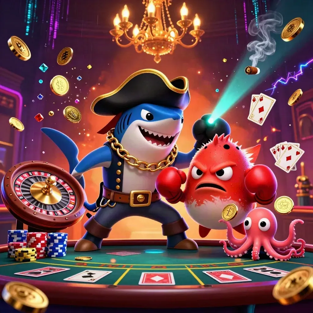 Pirate shark, boxing pufferfish, and juggling octopus amid casino lights and flying gold.