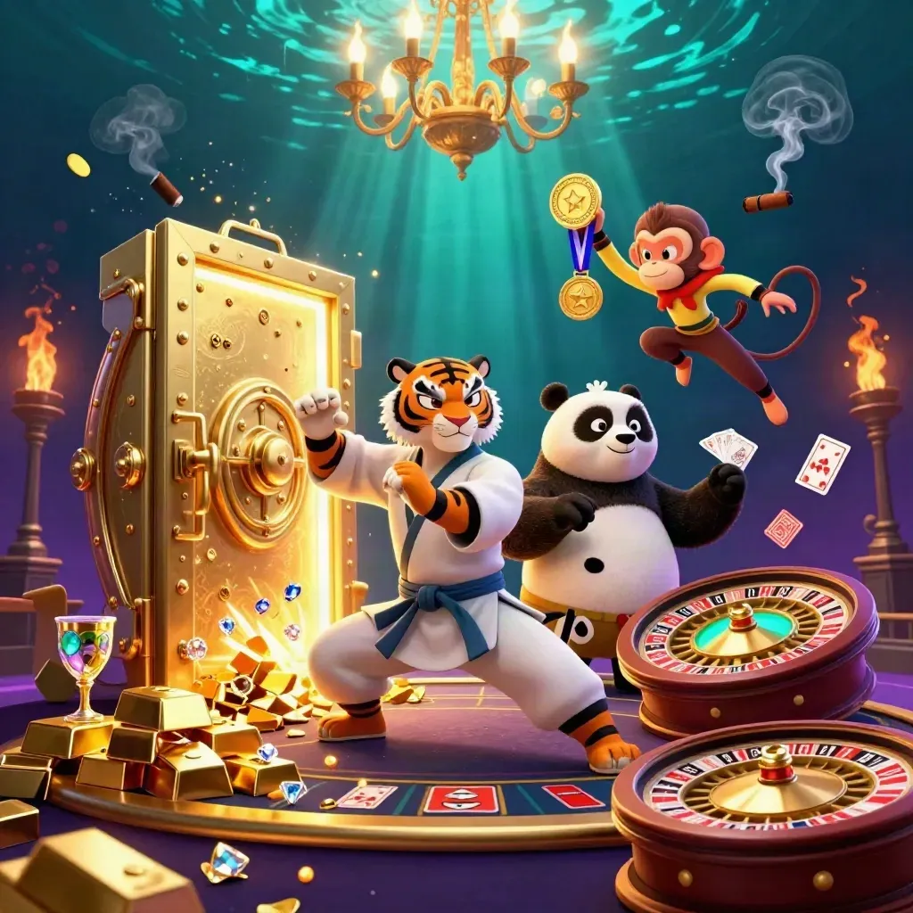 Kung-fu tiger, panda, and monkey in a luxe casino scene with vault, gold, gems, and teal light.