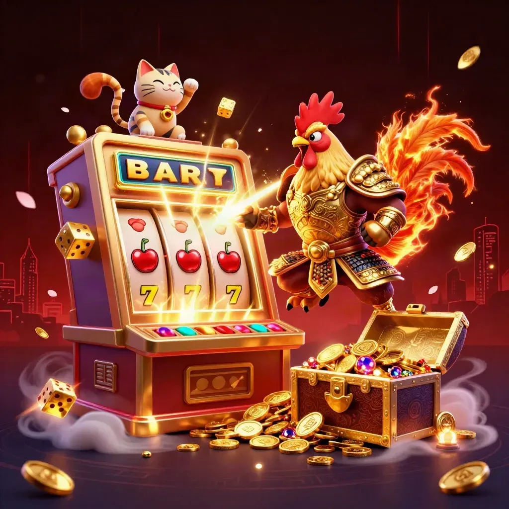Rooster warrior, dragon hatchling, and fortune cat amid a bursting slot machine and gold.