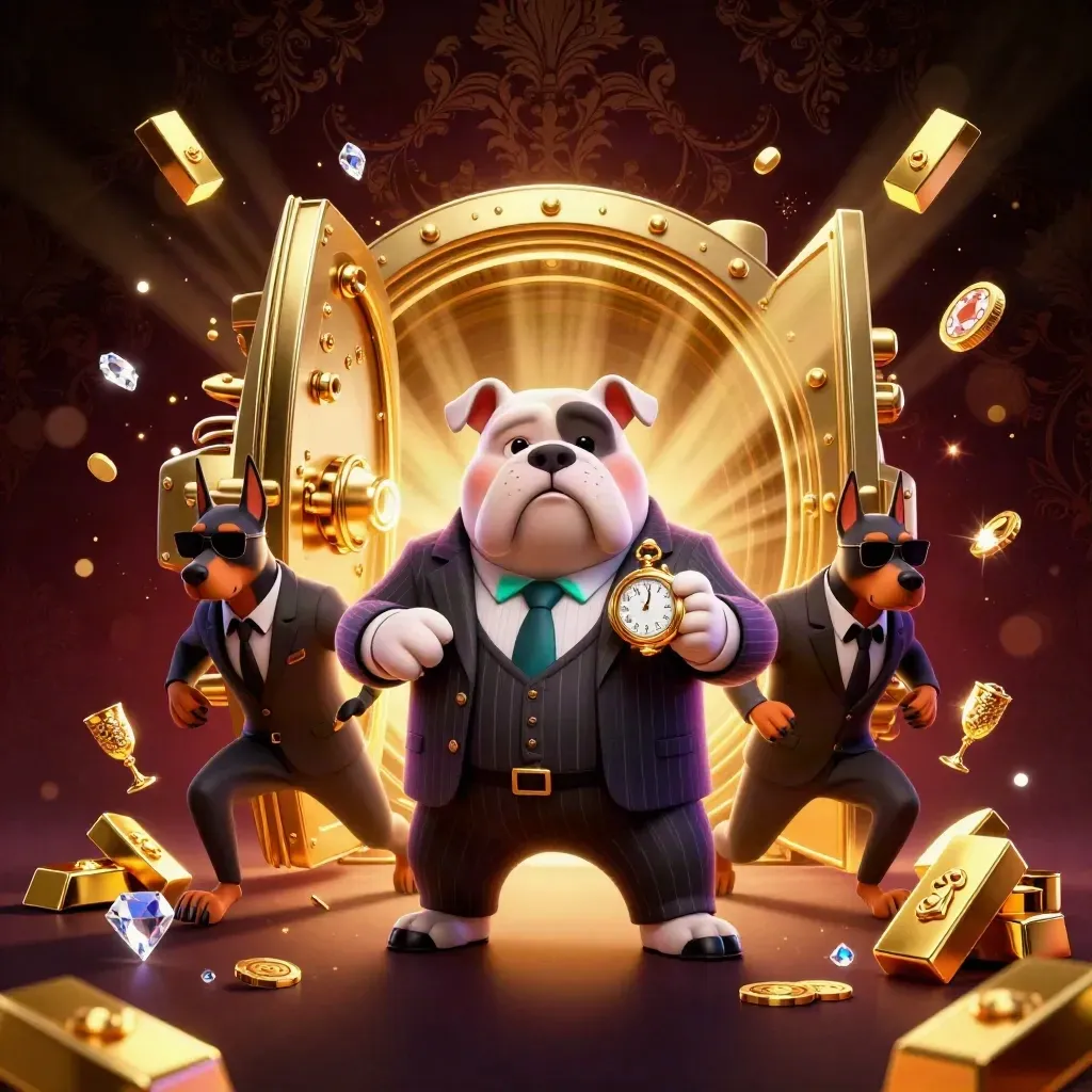 Bulldog boss and two Dobermans burst from a gold vault in luxe casino style