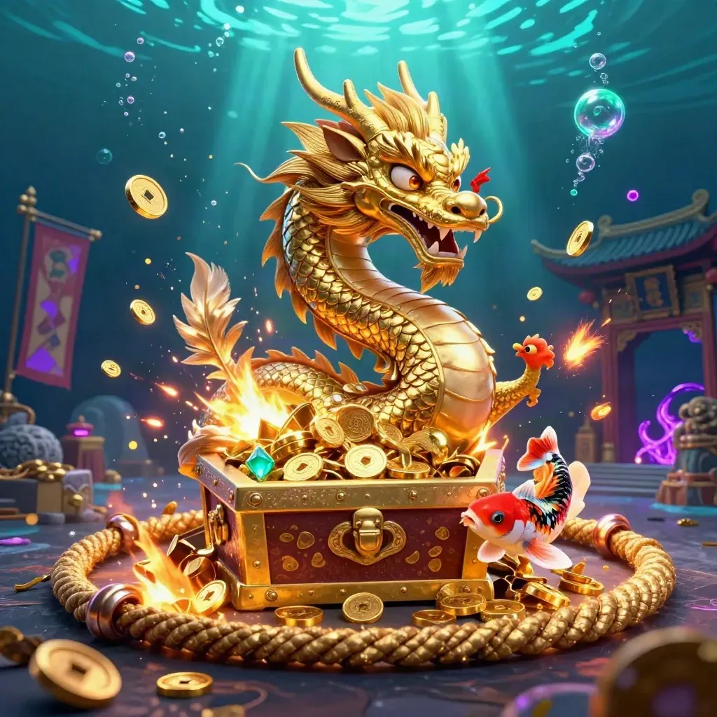 Golden dragon with phoenix and koi erupting from treasure in a teal-lit underwater casino fantasy.