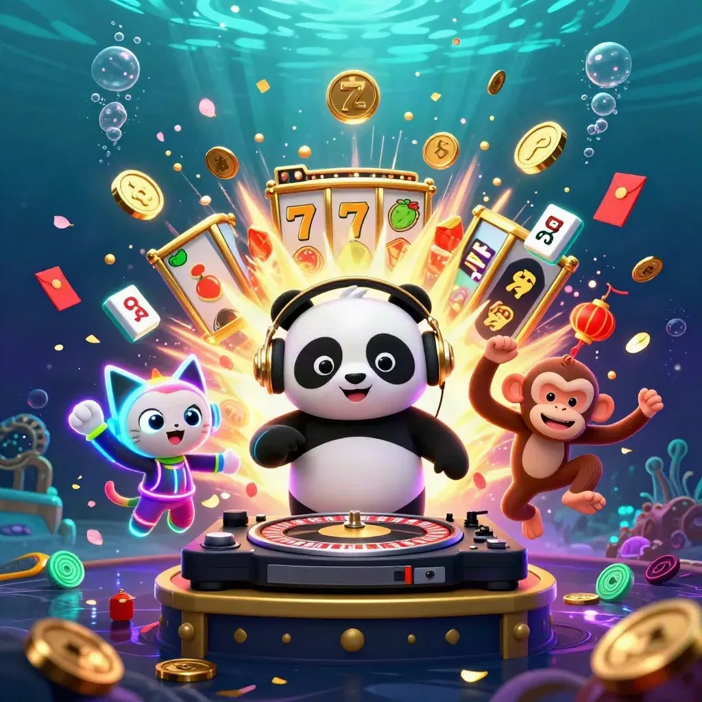 DJ panda, breakdancing monkey, and rave kitten amid casino treasure, coins, fireworks, and underwater glow