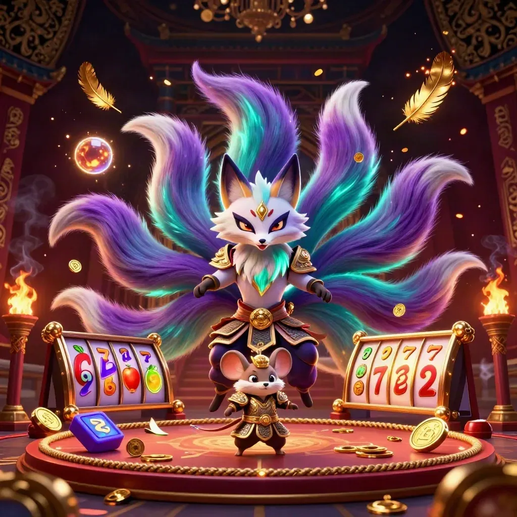 Nine-tailed fox spirit and samurai mouse amid casino relics, gold sparks, temple gate glow