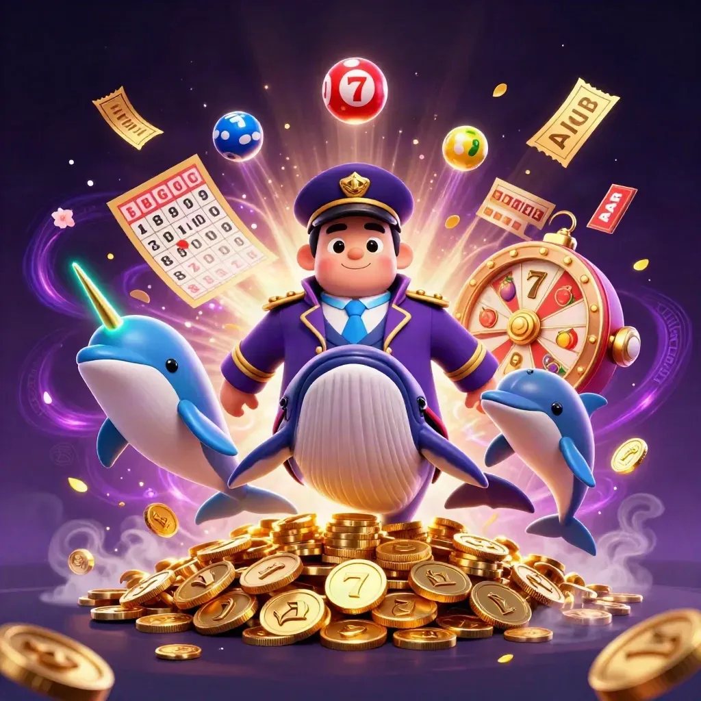 Captain whale, narwhal, and dolphins burst through coins in luxe neon casino key art.