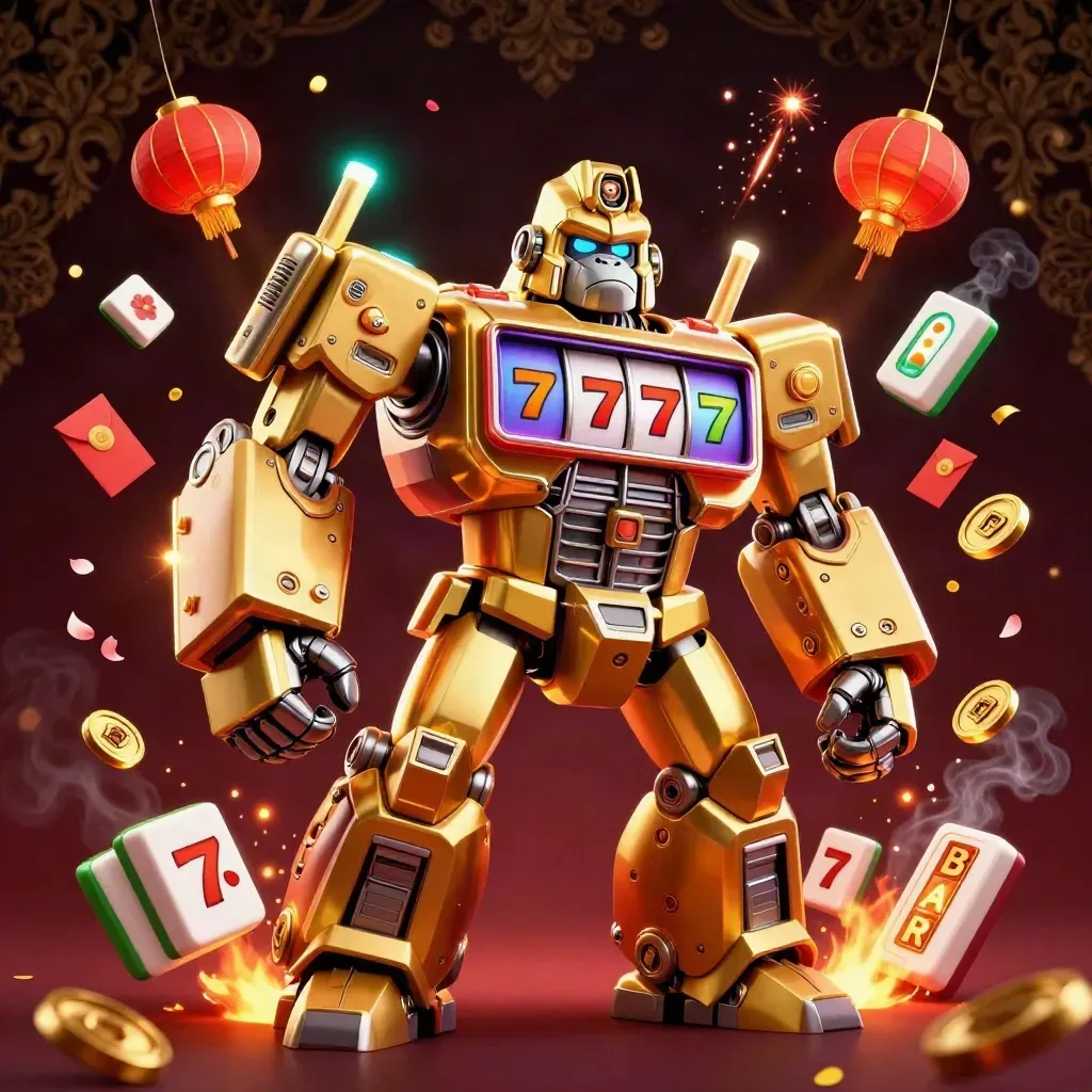 Golden gorilla mech with monkey pilot, slot reels, lanterns, coins, and neon casino effects