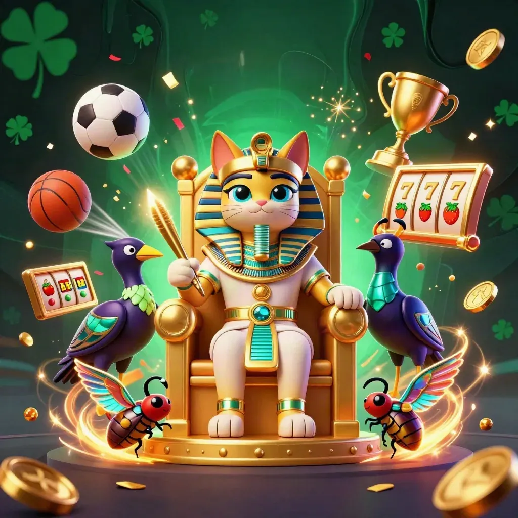 Pharaoh cat, ibis scribe, and gem scarabs amid casino reels, coins, and neon spell effects.